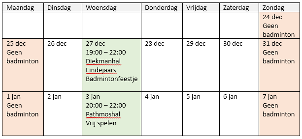 Speeltijden badminton kerstvakantie