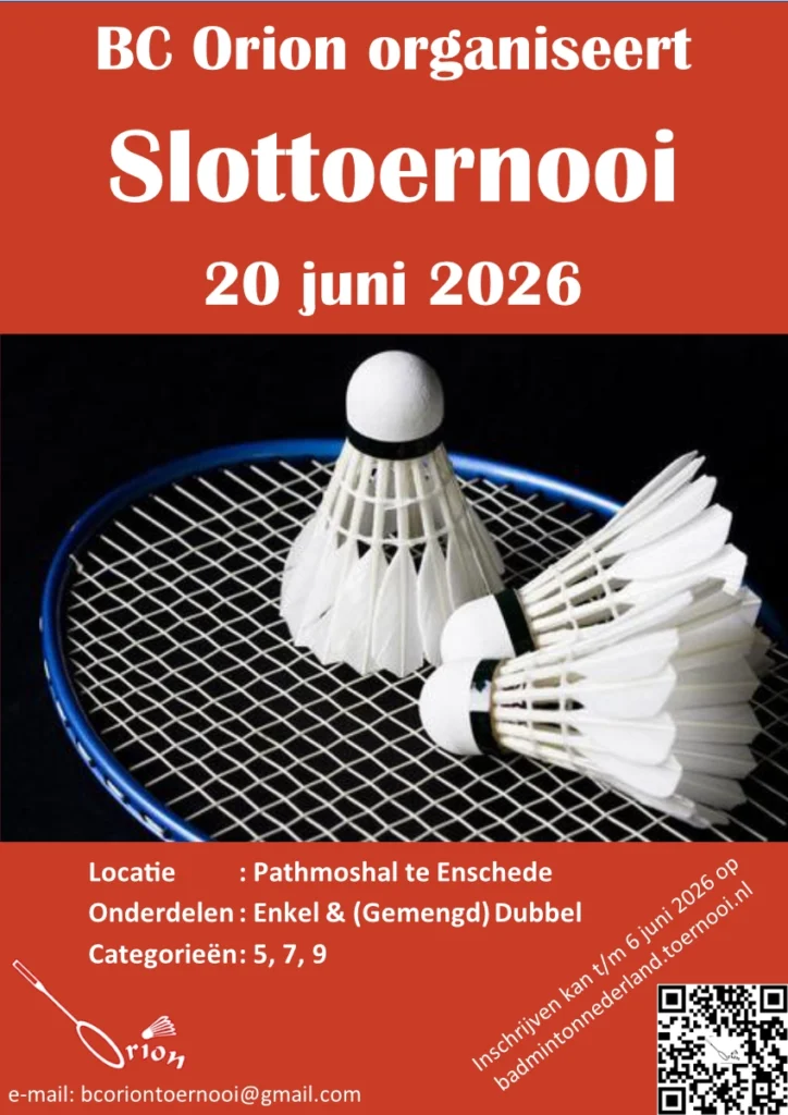 Orion badminton eindtoernooi 20 juni 2026